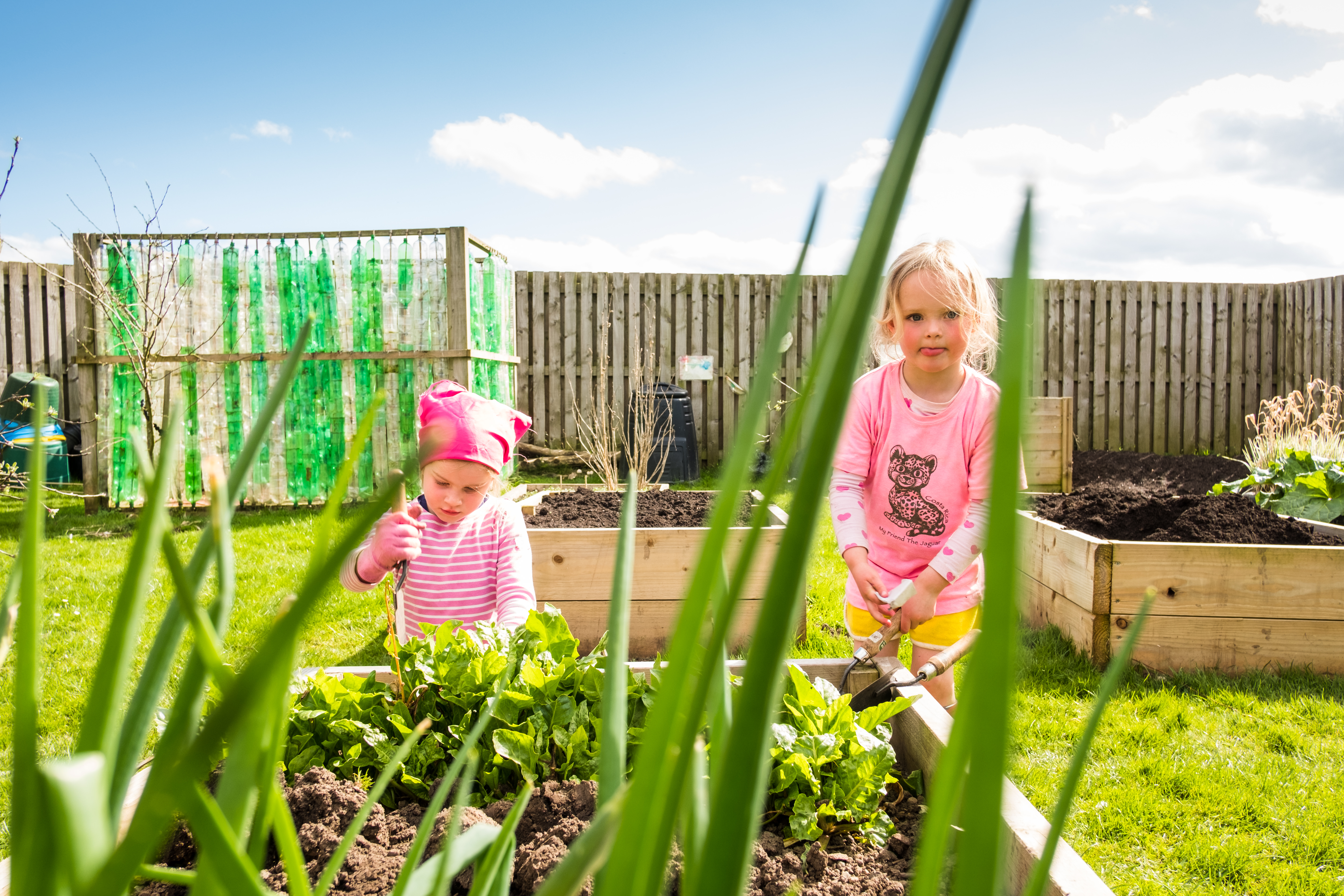 Children planting vegetables in a raised garden bed