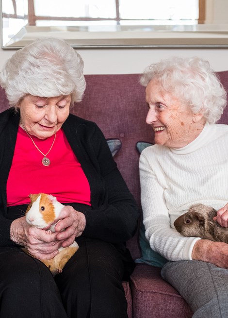 Two older ladies sitting on a sofa, both holding guinea pigs and smiling
